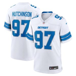 Men's Detroit Lions #97 Aidan Hutchinson  White Game Jersey