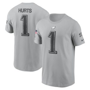 Men's Philadelphia Eagles #1 Jalen Hurts  Gray 2024 Salute To Service Name & Number T-Shirt