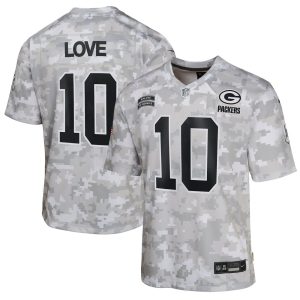 Youth Green Bay Packers #10 Jordan Love  Arctic Camo 2024 Salute to Service Game Jersey