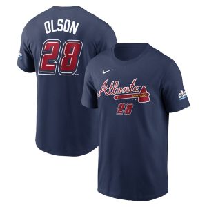 Men's Atlanta Braves #28 Matt Olson Nike Navy 2025 MLB Speedway Classic Name & Number T-Shirt