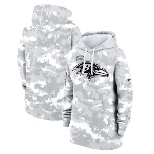 Women's Baltimore Ravens  Arctic Camo 2024 Salute To Service Club Fleece Pullover Hoodie