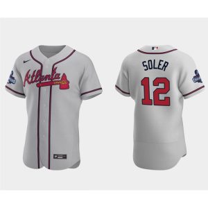 Men's Atlanta Braves #12 Jorge Soler 2021 Grey World Series Champions Flex Base Stitched Jersey