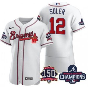 Men's Atlanta Braves #12 Jorge Soler 2021 White World Series Champions With 150th Anniversary Flex Base Stitched Jersey