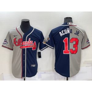 Men's Atlanta Braves #13 Ronald Acuna Jr. Gray Navy Two Tone Split Cool Base Stitched Baseball Jersey
