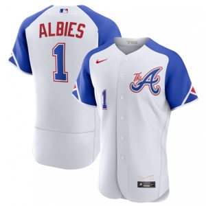 Men's Atlanta Braves #1  Ozzie Albies White 2023 City Connect Flex Base Stitched Jersey