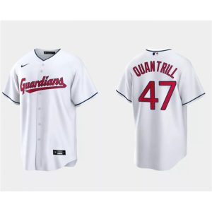 Men's Cleveland Guardians #47 Cal Quantrill White Cool Base Stitched Jersey