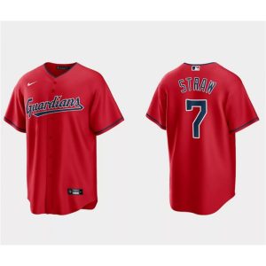 Men's Cleveland Guardians #7 Myles Straw Red Cool Base Stitched Jersey