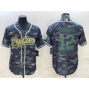 Men's Green Bay Packers #12 Aaron Rodgers Grey Green Camo With Patch Cool Base Stitched Baseball Jersey