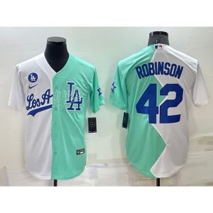 Men's Los Angeles Dodgers #42 Jackie Robinson 2022 All-Star White/Green Cool Base Stitched Baseball Jersey