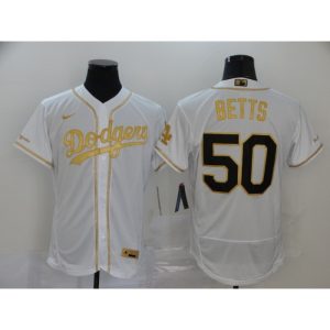 Men's Los Angeles Dodgers #50 Mookie Betts White Golden Flex Base Stitched MLB Jersey