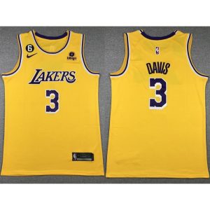 Men's Los Angeles Lakers #3 Anthony Davis Yellow Edition With NO.6 Patch Stitched Basketball Jersey 001