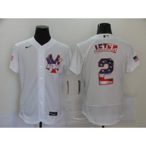 Men's New York Yankees #2 Derek Jeter White 2020 Stars & Stripes Flex Base Stitched Jersey