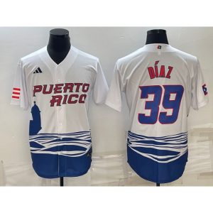 Men's Puerto Rico Baseball #39 Edwin Diaz 2023 White World Baseball Classic Stitched Jersey