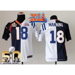 Colts #18 Peyton Manning Blue/White Super Bowl XLI & Super Bowl 50 Youth Stitched NFL Elite Split Broncos Jersey