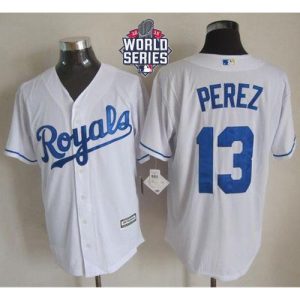 Royals #13 Salvador Perez White New Cool Base W/2015 World Series Patch Stitched MLB Jersey