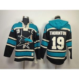 Sharks #19 Joe Thornton Black Sawyer Hooded Sweatshirt Stitched NHL Jersey