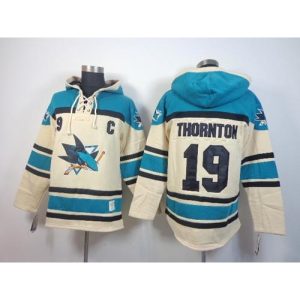 Sharks #19 Joe Thornton Cream Sawyer Hooded Sweatshirt Stitched NHL Jersey
