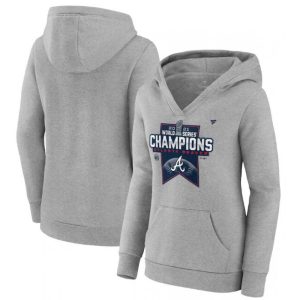 Women's Atlanta Braves 2021 Heathered Gray World Series Champions Locker Room Crossover Neck Pullover Hoodie(Run Small)