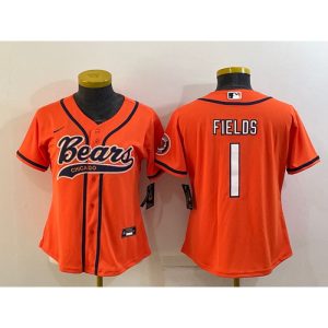 Women's Chicago Bears #1 Justin Fields Orange With Patch Cool Base Stitched Baseball Jersey(Run Small)