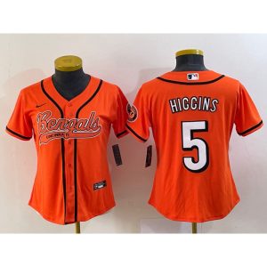 Women's Cincinnati Bengals #5 Tee Higgins Orange With Patch Cool Base Stitched Baseball Jersey(Run Small)