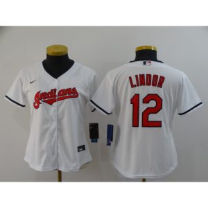 Women's Cleveland indians #12 Francisco Lindor White Stitched MLB Jersey(Run Small)