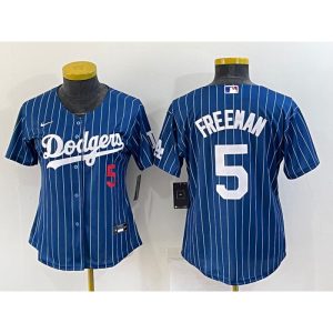 Women's Los Angeles Dodgers #5 Freddie Freeman Navy/Gold Stitched Baseball Jersey(Run Small)