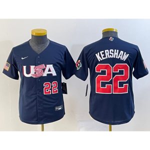 Women's USA Baseball #22 Clayton Kershaw 2023 Navy World Baseball Classic With Patch Stitched Jersey(Run Small)