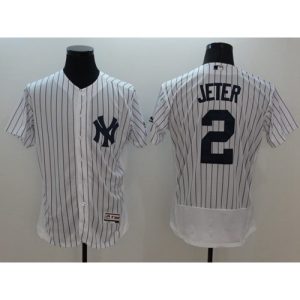 Yankees #2 Derek Jeter White Strip Flexbase Authentic Collection Name On Back Stitched MLB Jersey