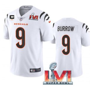 Youth Cincinnati Bengals #9 Joe Burrow 2022 White With C Patch Super Bowl LVI Vapor Limited Stitched Jersey