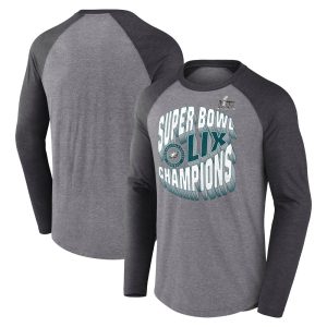 Men's Philadelphia Eagles  Heather Gray Super Bowl LIX Champions Historic Win 3/4-Sleeve Raglan Tri-Blend T-Shirt