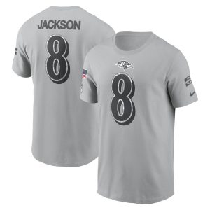 Men's Baltimore Ravens Lamar Jackson  Gray 2024 Salute To Service Name & Number T-Shirt