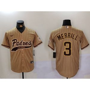 Men's San Diego Padres #3 Jackson Merrill Tan Cool Base Stitched Baseball Jersey