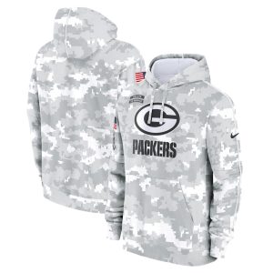 Youth Green Bay Packers  White/Gray 2024 Salute To Service Pullover Hoodie