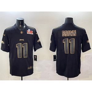 Men's Philadelphia Eagles #11 A. J. Brown Black/Gold 2025 Super Bowl LIX Patch Vapor Untouchable Limited Stitched Football Jersey
