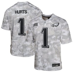 Youth Philadelphia Eagles #1 Jalen Hurts  Arctic Camo 2024 Salute to Service Game Jersey